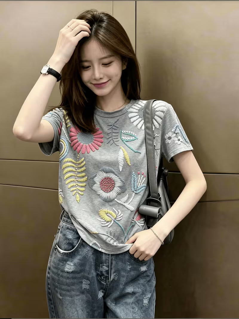Gentle Style Gray Printed Short-Sleeve T-Shirt