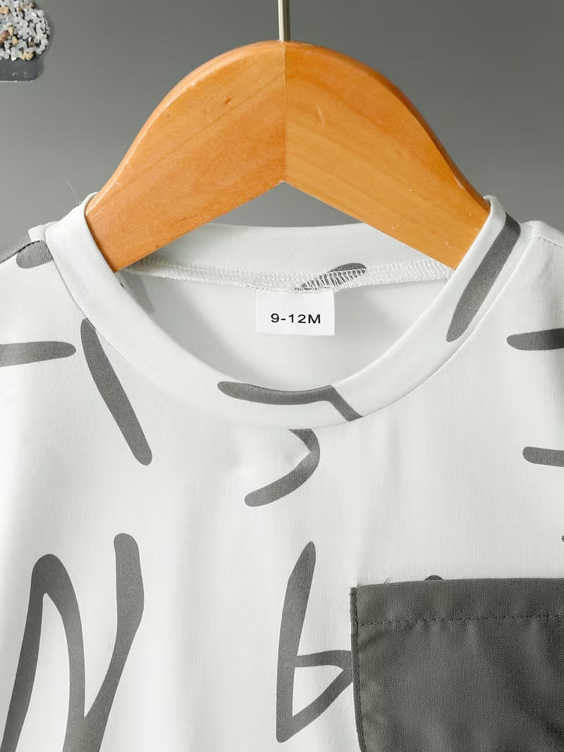 Graffiti Style Short Sleeve Set And Graffiti Print Short Sleeve T-Shirt with Matching Pocket