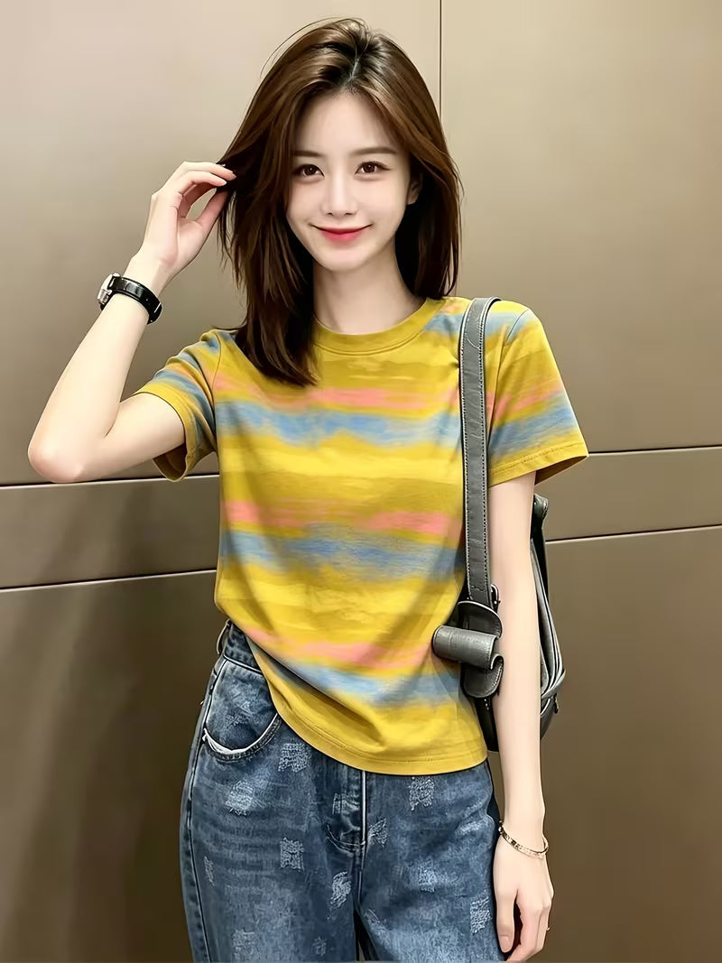 Retro Distressed T-Shirt, Striped Short-Sleeved T-Shirt Yellow