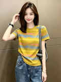 Retro Distressed T-Shirt, Striped Short-Sleeved T-Shirt Yellow