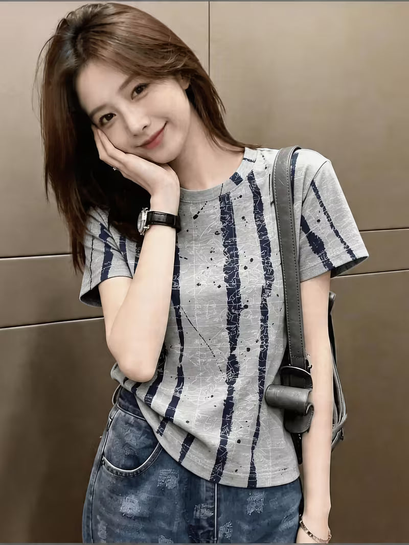 Women's Premium Ink Wash Stripe Drop Shoulder Short Sleeve T-Shirt