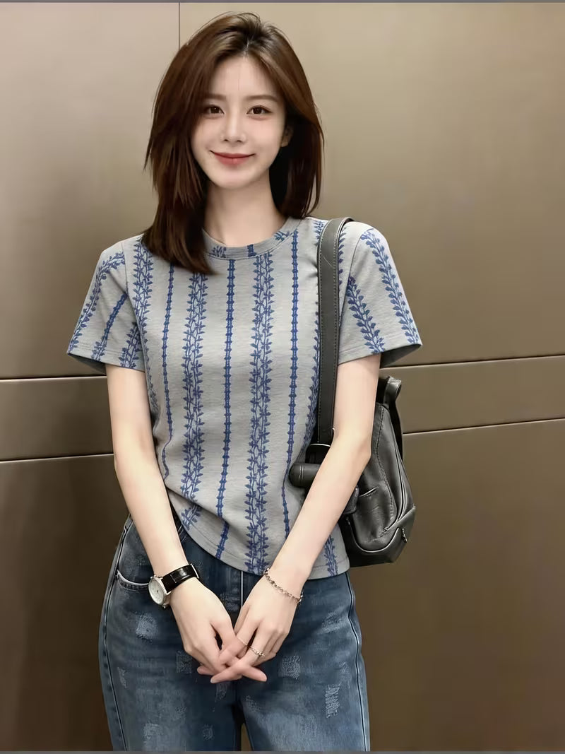 New Chinese Style Blue Pattern Regular Shoulder Short Sleeve T-Shirt