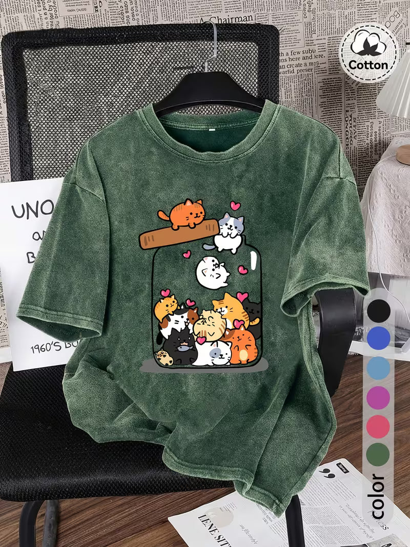 Soft and Cute Cat Pile Fun Print Women's Washed Casual Short-Sleeve T-Shirt