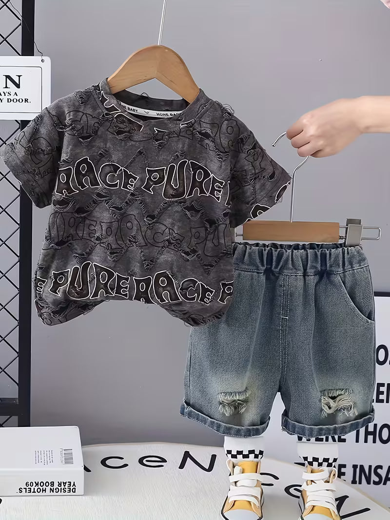 Boys' Short Sleeve And Shorts 2pcs Set, Letter Print Design Dark Gray