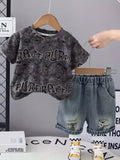 Boys' Short Sleeve And Shorts 2pcs Set, Letter Print Design Dark Gray