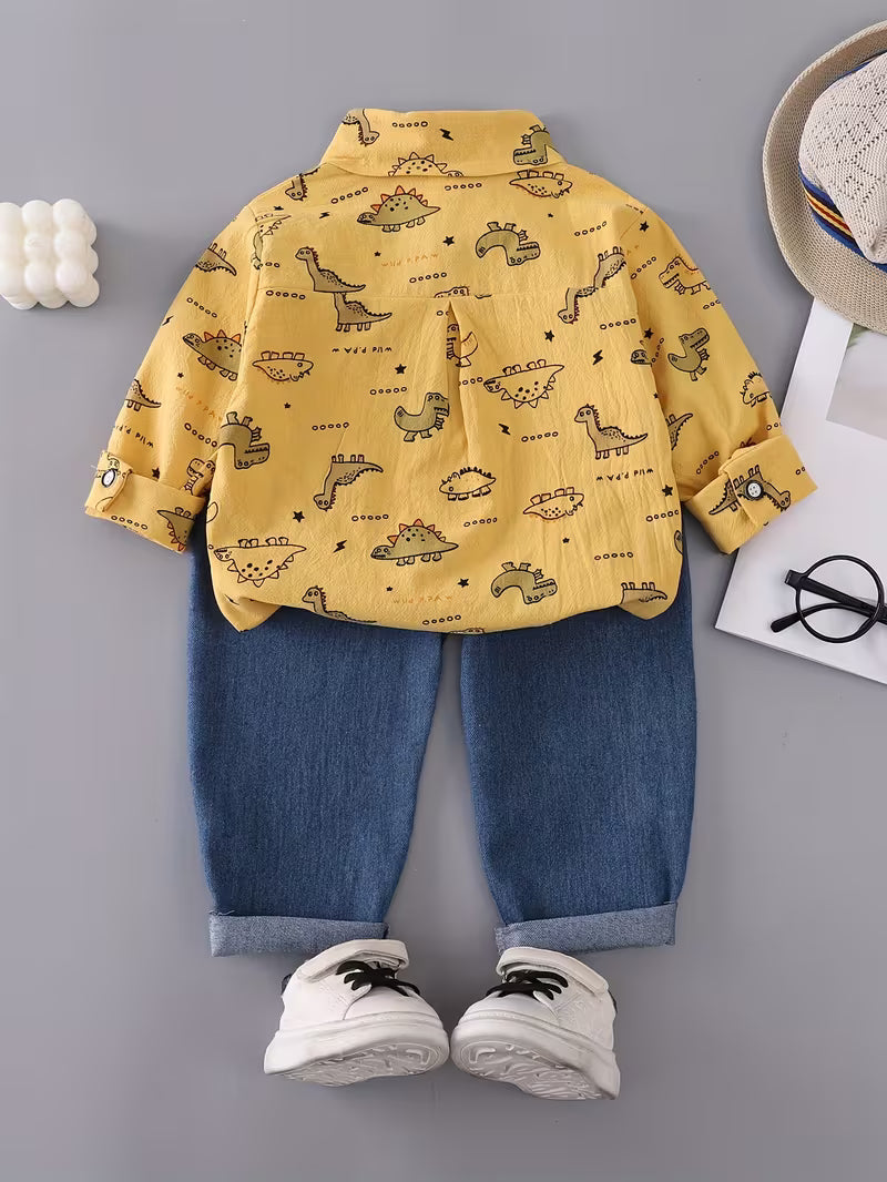 Boys' Dinosaur Print Set with Pocket Long-Sleeve Shirt and Denim Long Pants Yellow
