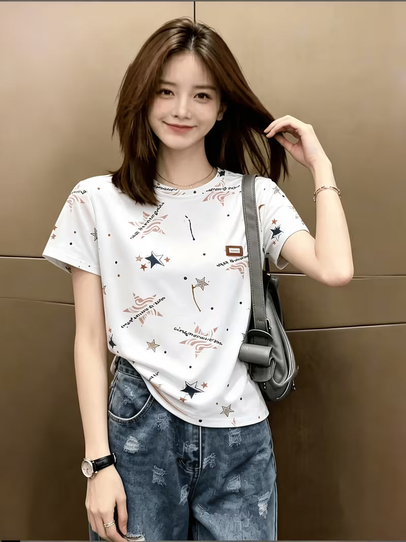Korean Retro Printed Age-Reducing Half Sleeve Loose Casual Top