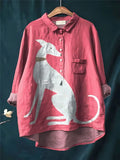 Vintage Pink Dog Art Print Casual Shirt with Pocket