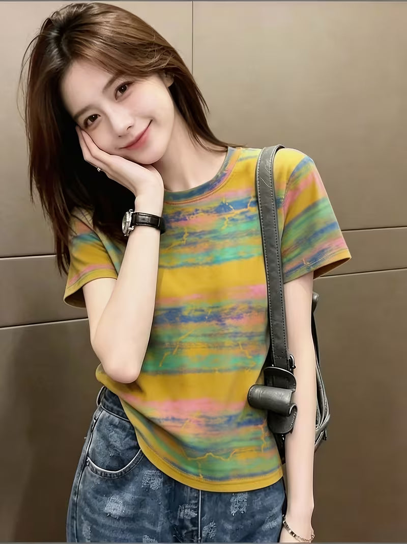Retro Distressed T-Shirt, Striped Short-Sleeved T-Shirt Yellow