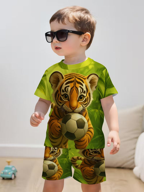 2pcs Set 3D Print Jungle Tiger Football Design Short Sleeve Pullover Shirt