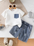 2pcs Baby Boy White Textured T-Shirt + Ripped Denim Shorts Set