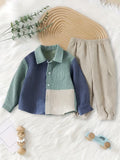 Fashion Patchwork Lapel Cardigan Button-Up Long Sleeve Top And Apricot Elastic Waist Long Pants Mixed