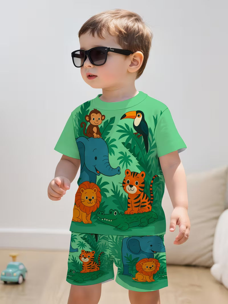 Cute Jungle Animal Play 3D Printed Design, Short Sleeve