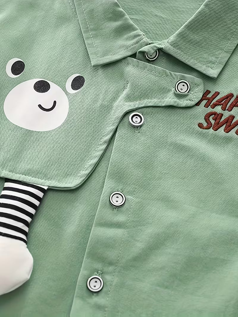 Boys' Turn- Collar Long Sleeve Bear Head Stripe Print Shirt Two-Piece Set Green