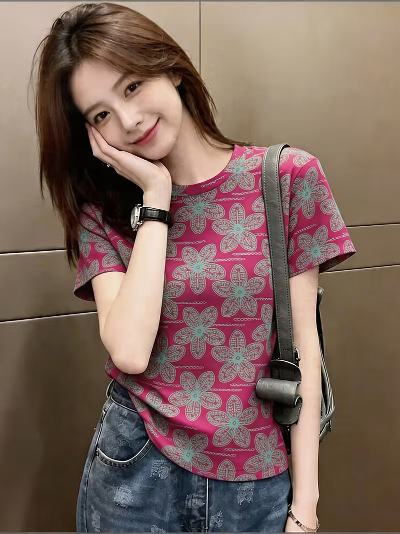 Retro Full Print Floral Crew Neck Short-Sleeved T-Shirt