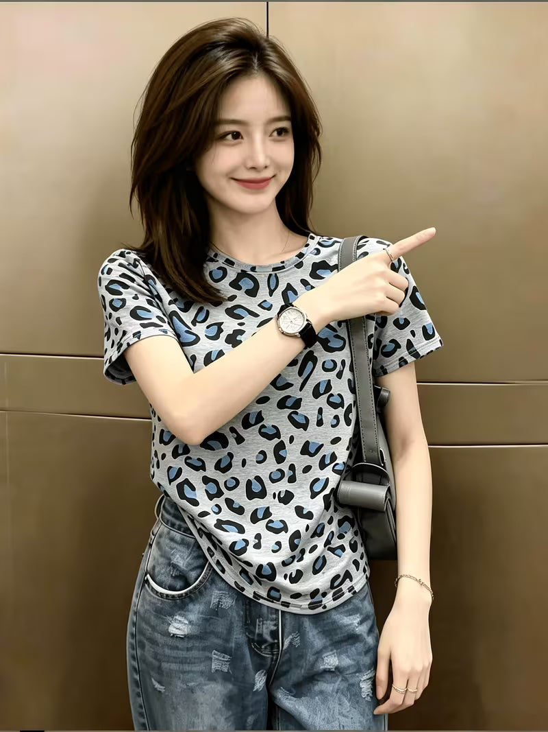 Women's Leopard Print Short Sleeve T-Shirt for Daily Commuting