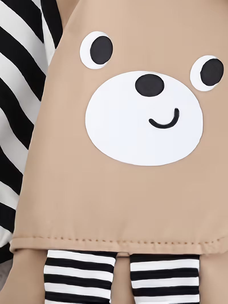 Boys' Turn- Collar Long Sleeve Bear Head Stripe Print Shirt Two-Piece Set Khaki