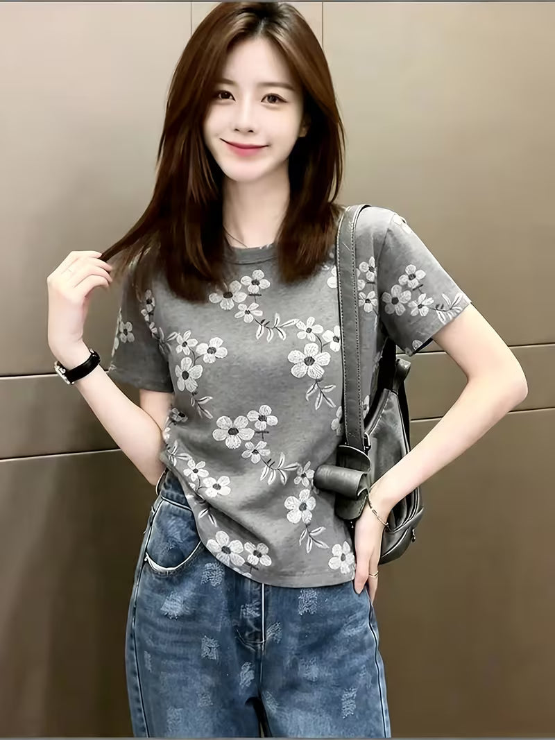 New Arrival Women's Vintage Print Short Sleeve T-Shirt