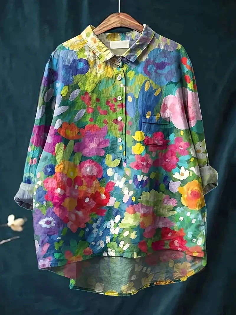 Vintage Mix Floral Art Print Casual Shirt with Pocket
