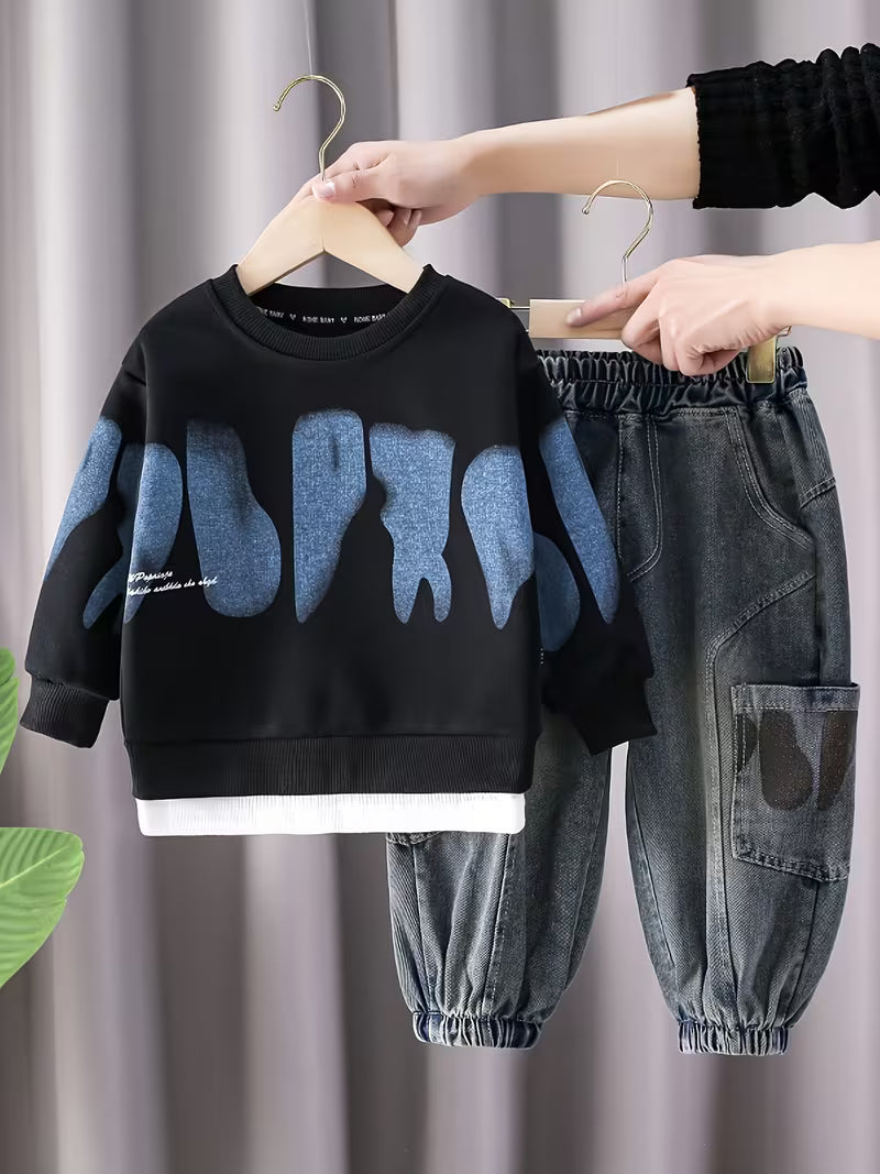 New Fashionable Boy Korean Style Denim Long Pants 2pcs Set