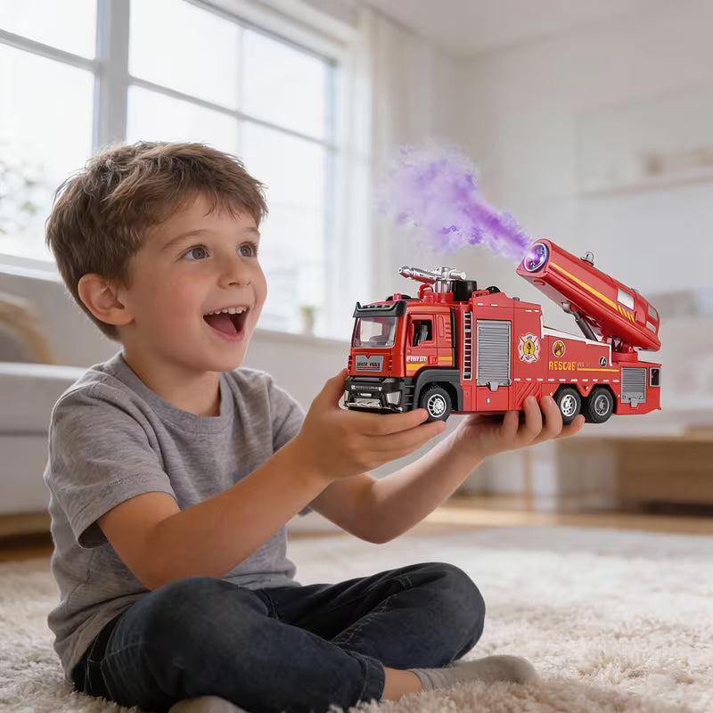 A Multifunctional Red Alloy Fire Truck Toy (Can Spray Water And Mist), with Sound And Light, Scene Simulation, Suitable for Ages 6 And Up, Perfect Holiday And Birthday Gift