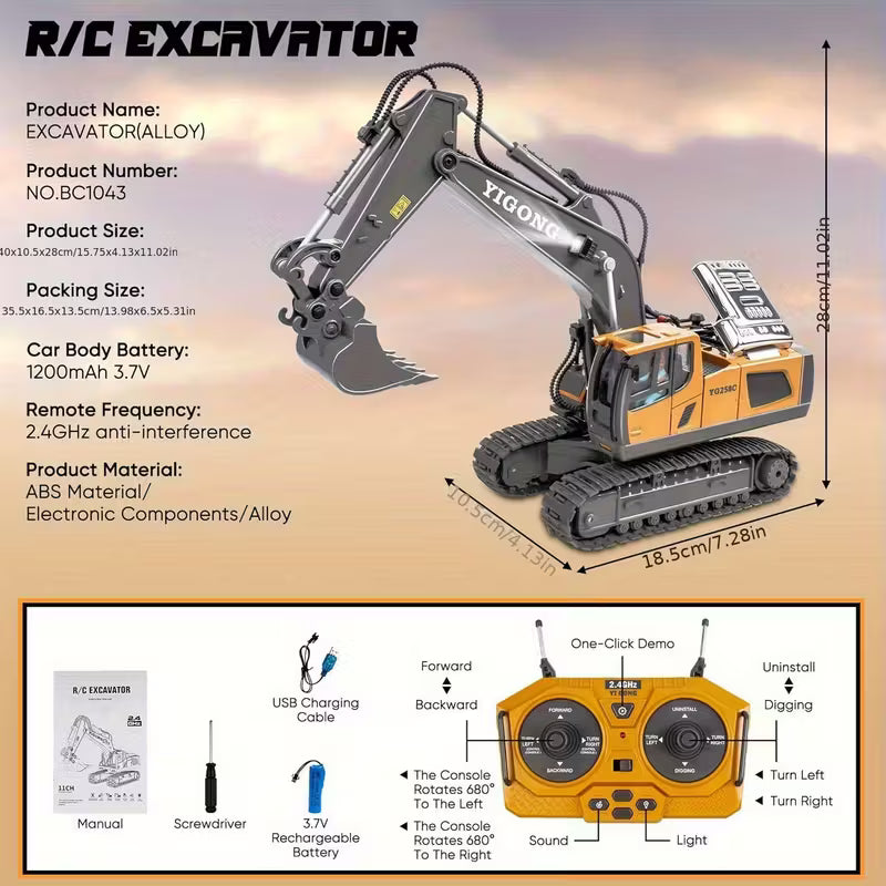 Mini Excavator Toy with And App Control, Fun Men's Toy, High-tech 11-Channel Alloy, Plastic Engineer Truck, Perfect Gift