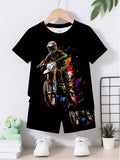 Casual Sports Fashion Cool Off-road Motorcycle Printed Round-neck T-shirt and Shorts Set