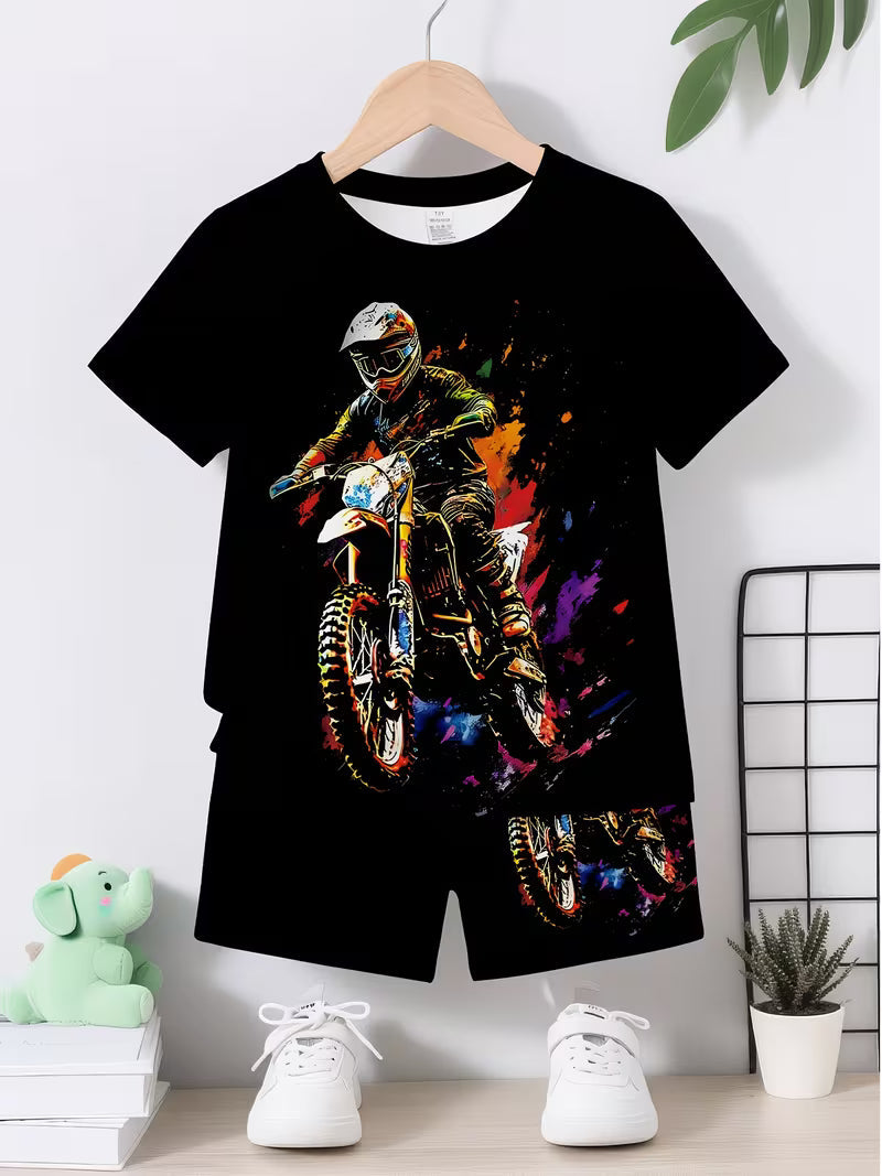 Casual Sports Fashion Cool Off-road Motorcycle Printed Round-neck T-shirt and Shorts Set