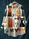 Vintage Cat's Art Print Casual Shirt with Pocket