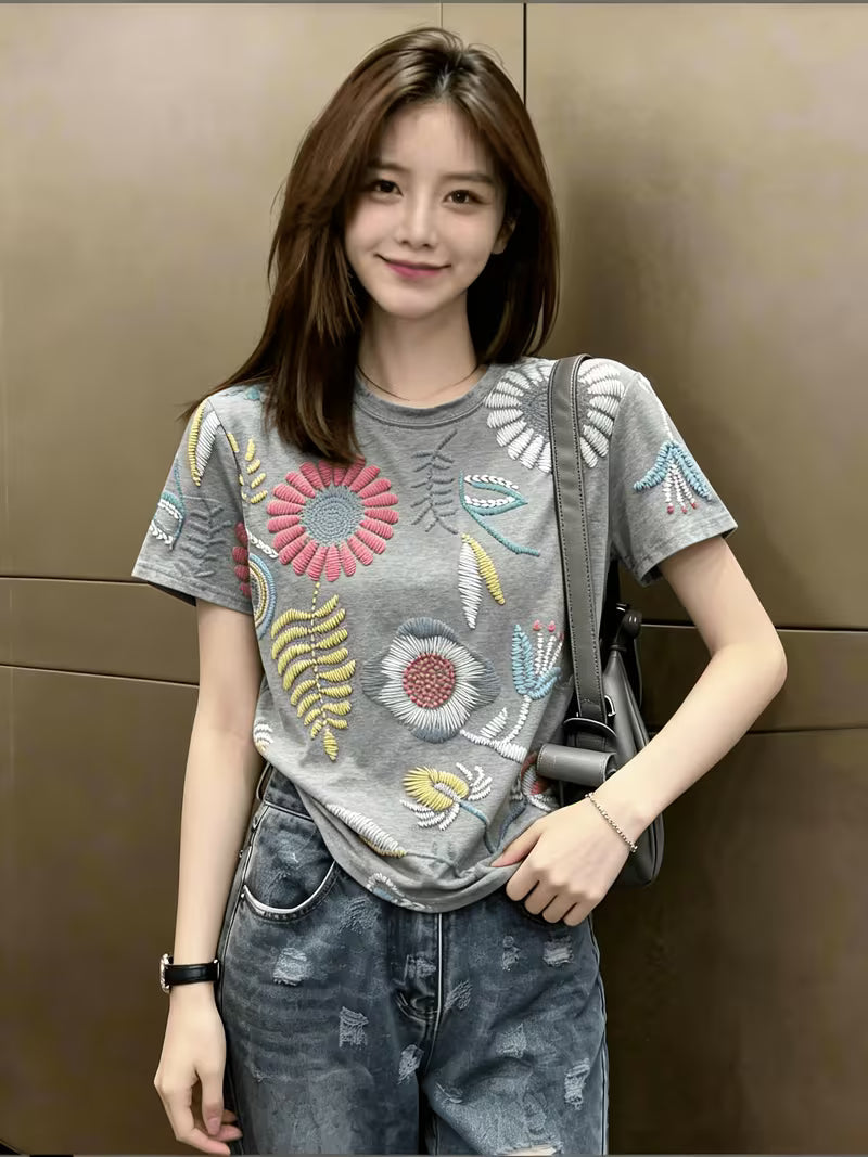 Gentle Style Gray Printed Short-Sleeve T-Shirt