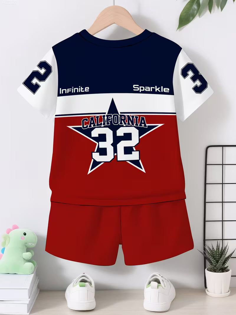 Featuring a Trendy Navy, Red and White Color Combination with a Creative California Star Number 32 Pattern