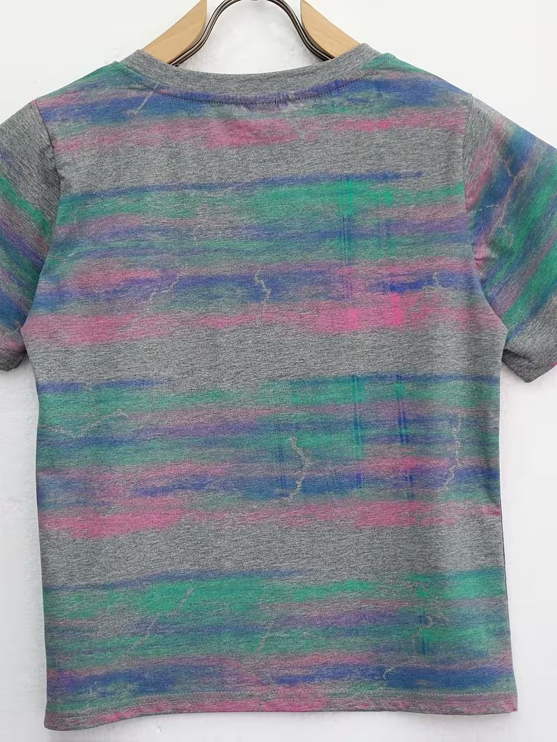 Retro Distressed T-Shirt, Striped Short-Sleeved T-Shirt Grey