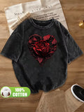 Heart-shaped Dark Red Rose Bouquet Print, Vintage Embossed Style, Women's T-shirt