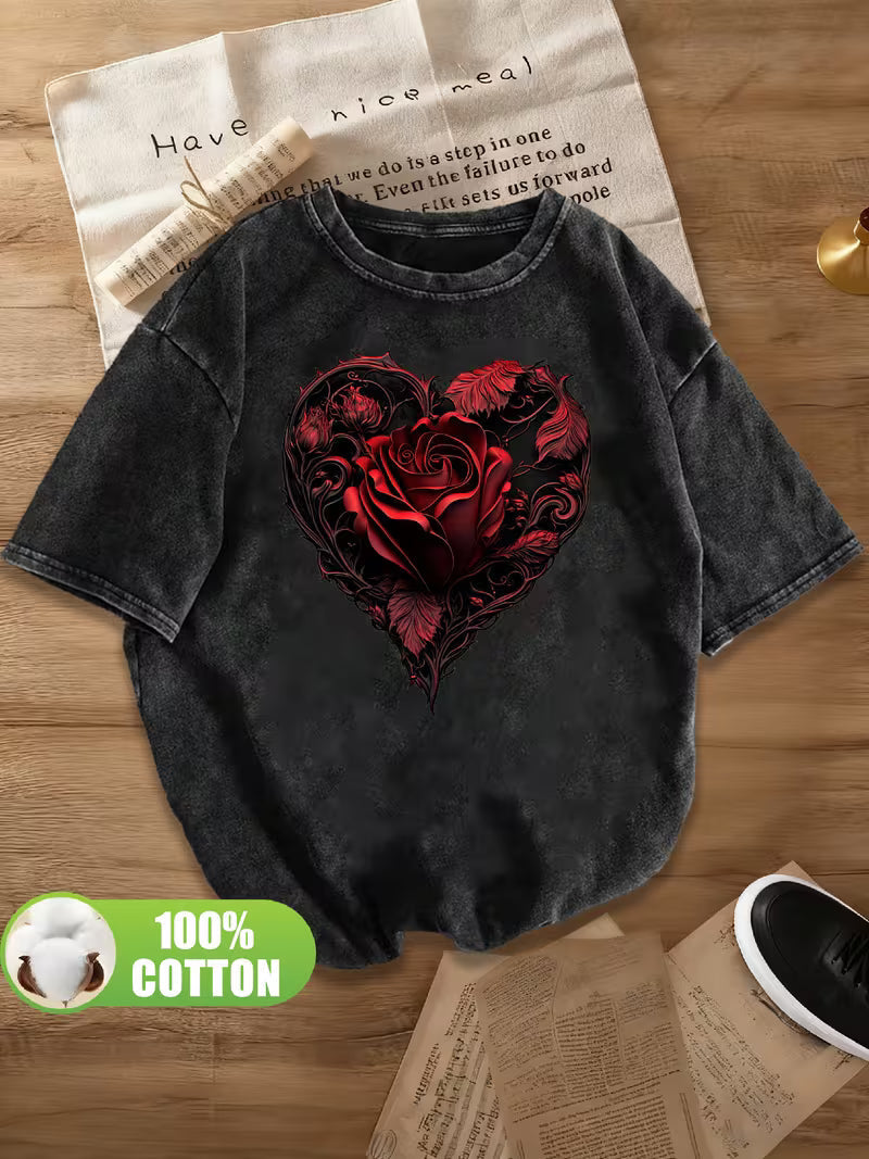 Heart-shaped Dark Red Rose Bouquet Print, Vintage Embossed Style, Women's T-shirt