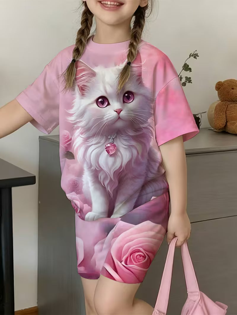 Children's Girls Cute Kitten Cartoon Sweet T-Shirt Shorts Set