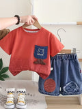 Boys' Fashion 2pcs Set: Orange-Red Round Neck Short Sleeve Top + Patch Denim Shorts