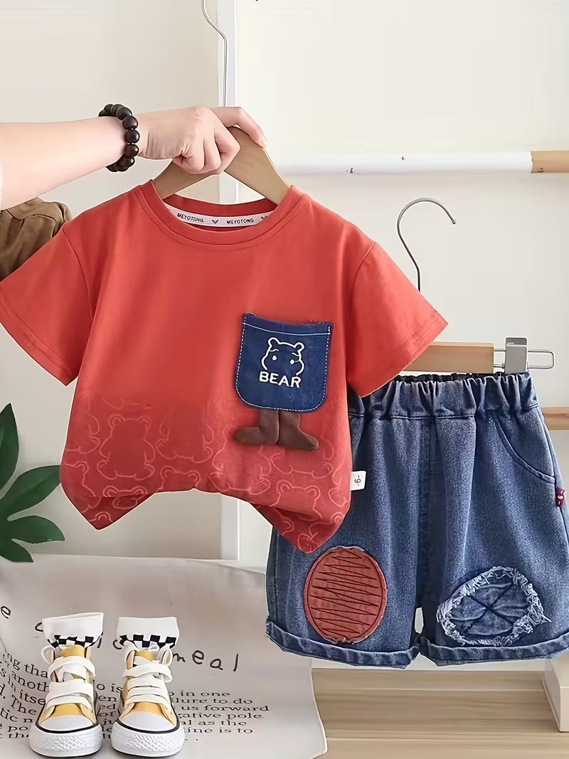 Boys' Fashion 2pcs Set: Orange-Red Round Neck Short Sleeve Top + Patch Denim Shorts