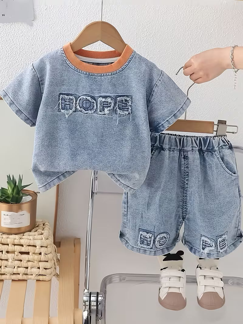 Casual Denim Set, Round Neck Short Sleeve Top + Denim Shorts 2pcs Outfit
