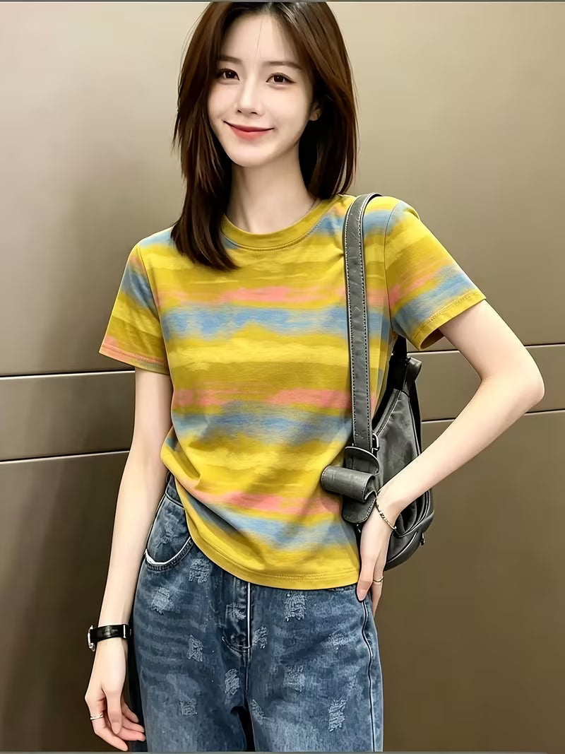 Retro Distressed T-Shirt, Striped Short-Sleeved T-Shirt Yellow