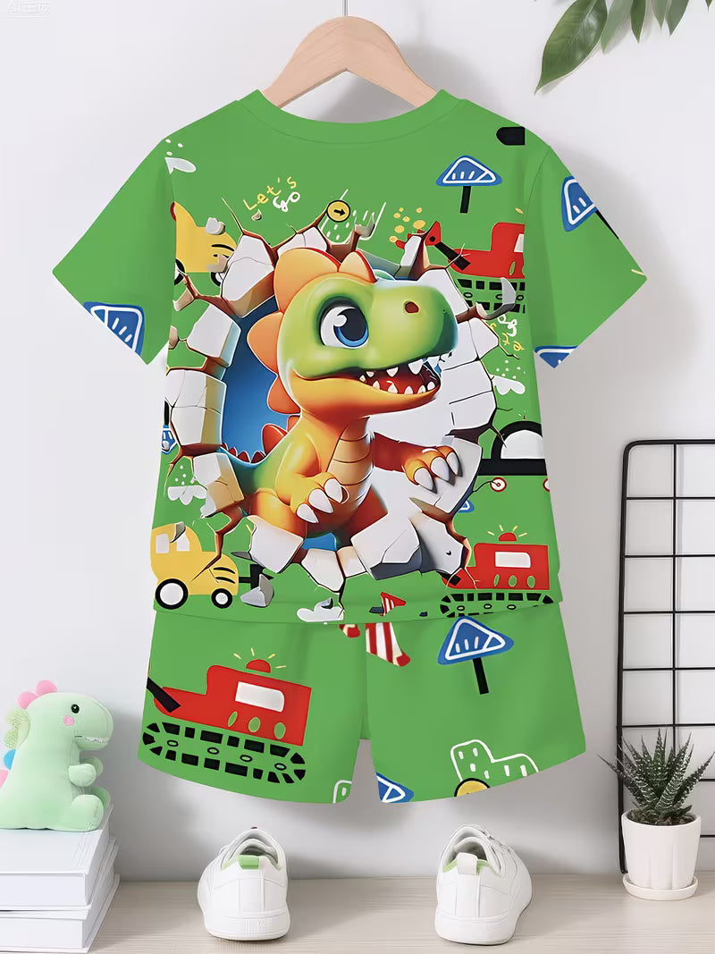 Creative Green Dinosaur Print Short Sleeve T-Shirt and Shorts Set