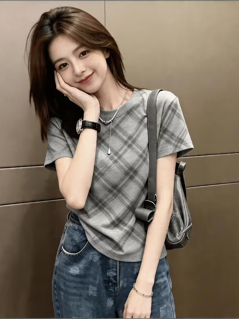 Luxury British Plaid Straight Shoulder Short-Sleeved T-Shirt