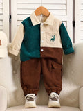 Fashion Patchwork Lapel Cardigan Button-Up Long Sleeve Top And Apricot Elastic Waist Long Pants