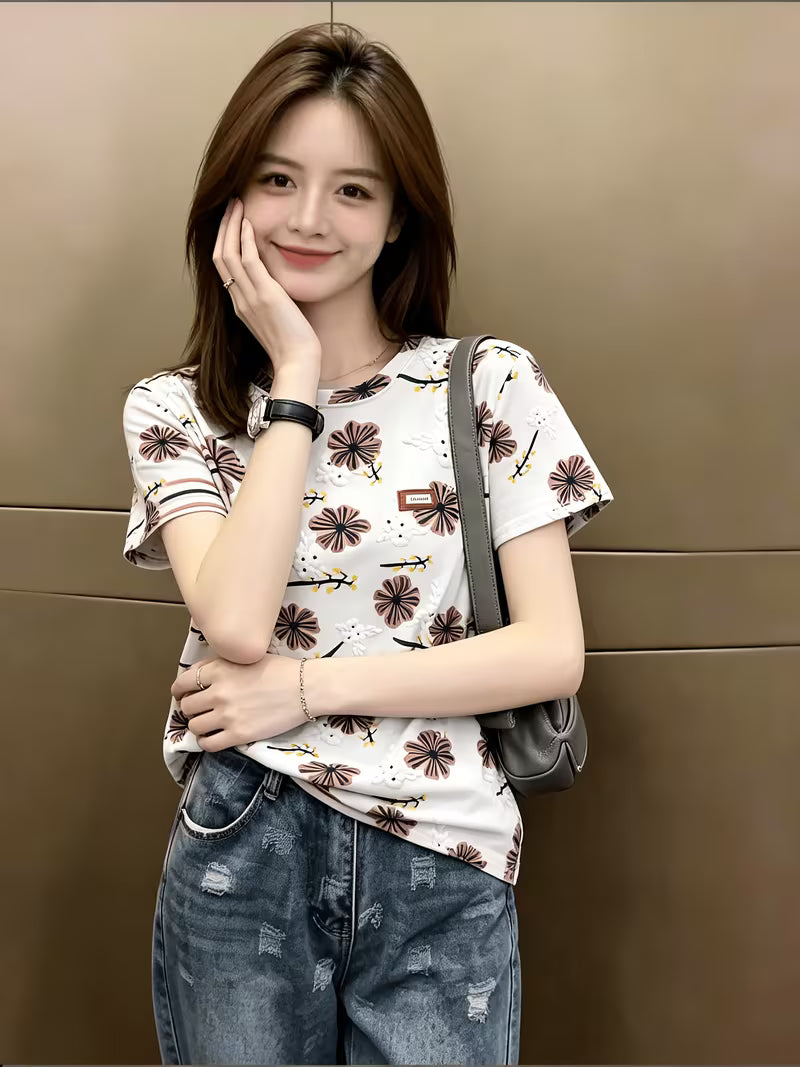New Arrival Fashion Print Short Sleeve T-Shirt, Niche Design, Loose Fit