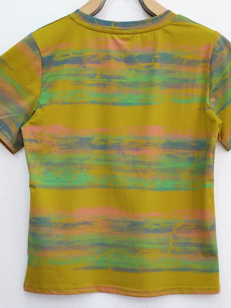 Retro Distressed T-Shirt, Striped Short-Sleeved T-Shirt Yellow