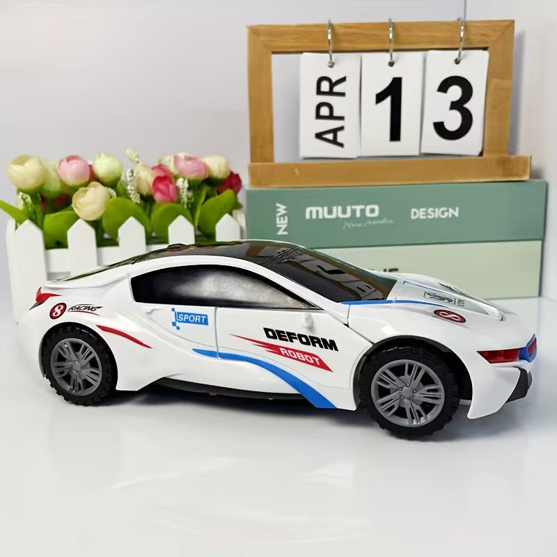 Toy Car, Cool Automatic Transforming Car Toy, White Fashionable Appearance with Cool Lights Music And Omni-Directional Turning Function, Christmas Gift Birthday Gift Party Gift Halloween Gift Holiday Gift.