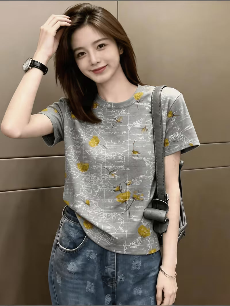 New Arrival Women's Vintage Print Short Sleeve T-Shirt, Artistic Style