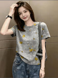 New Arrival Women's Vintage Print Short Sleeve T-Shirt, Artistic Style