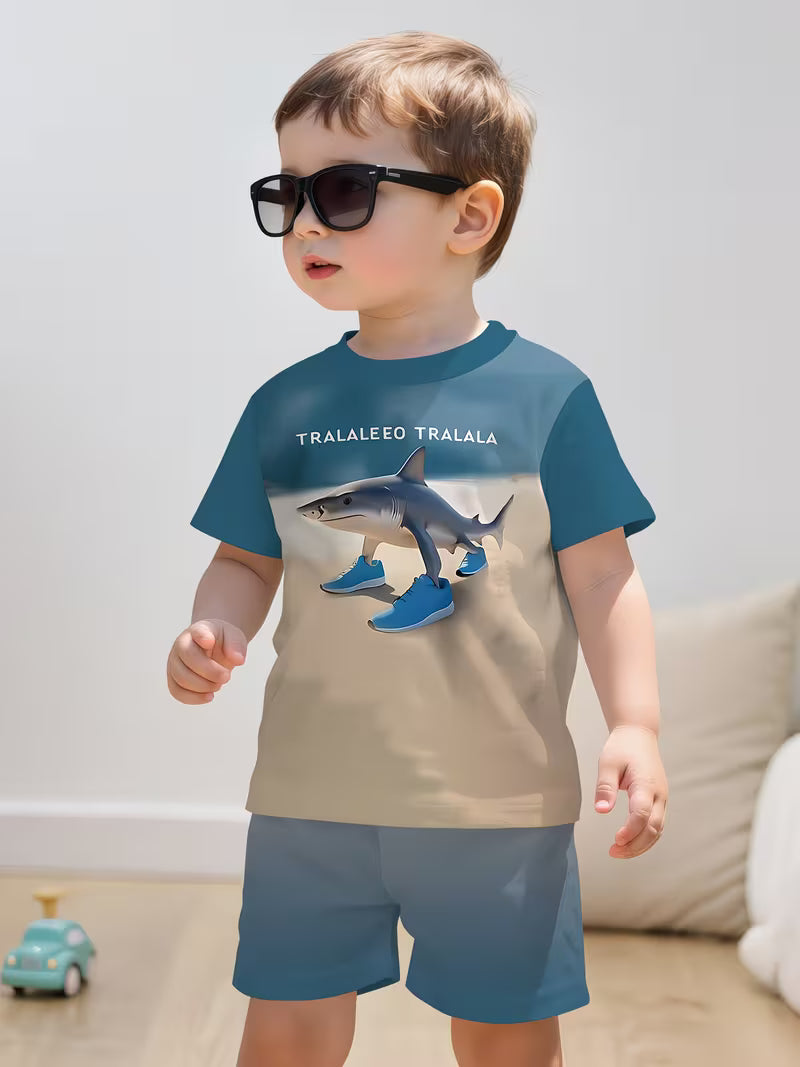 Cool Shark Print Shoes for Boys, Featuring a 3D Design, Along with a Short-Sleeve Pullover