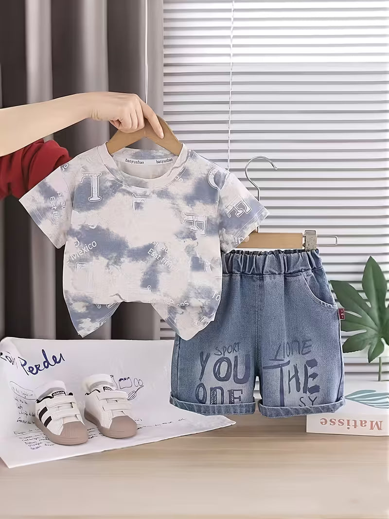 Outfit Set: 2pcs Short Sleeve T-Shirt + Denim Shorts