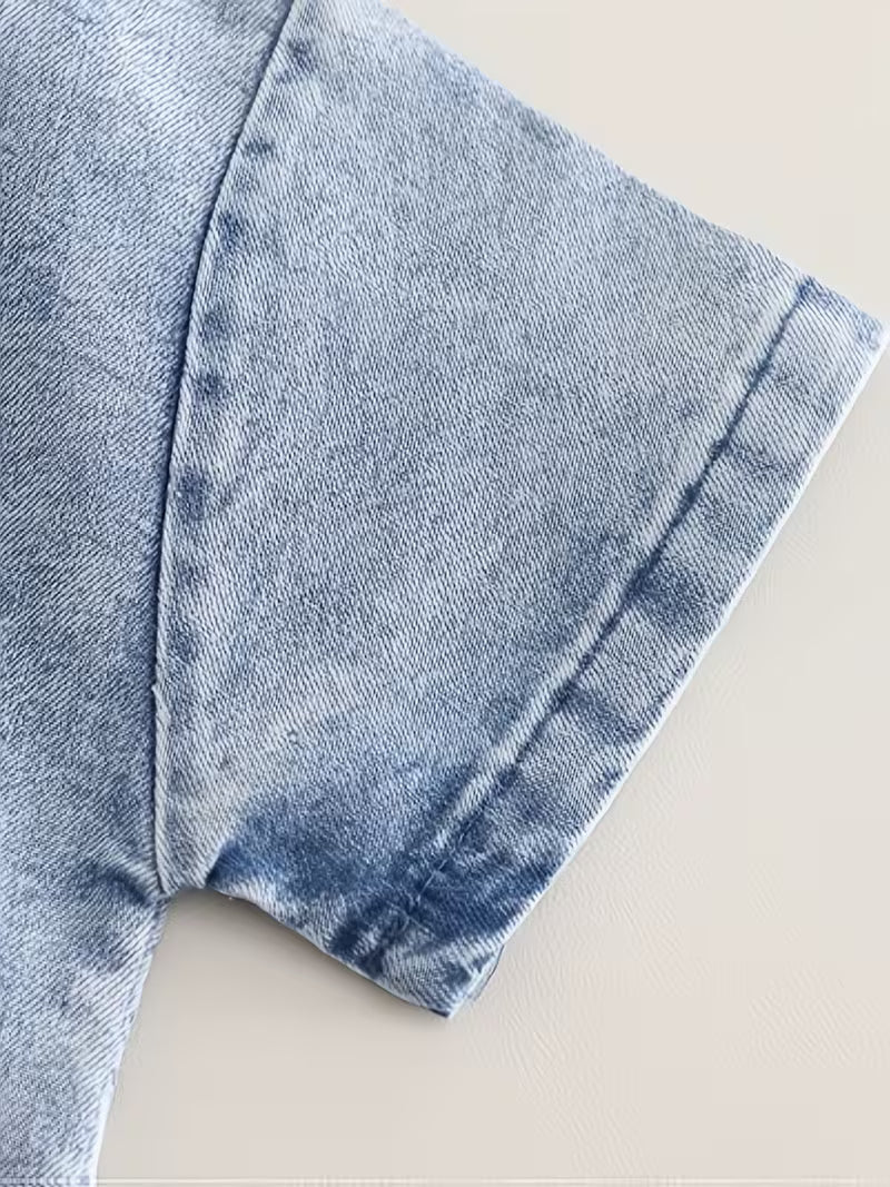 Casual Denim Set, Round Neck Short Sleeve Top + Denim Shorts 2pcs Outfit
